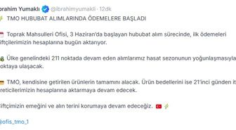 Bakan Yumaklı: TMO hububat alımlarında ödemelere başladı