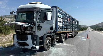 Afyonkarahisar'da Aygaz marka tüp yüklü tırın motorunda yangın