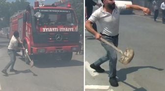 Silivri'de yangın ihbarına giden itfaiye ekibine kürek fırlattı