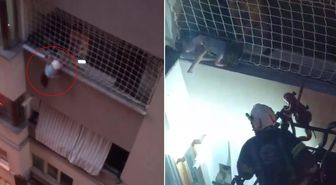 Küçük çocuk balkon filesinde dakikalarca asılı kaldı! İtfaiye erinden duygulandıran sözler