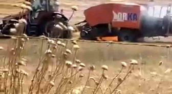 Balya makinesindeki yangın tarlaya sıçradı