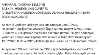 Çankaya Belediye Başkanı Güner, görevden uzaklaştırıldı