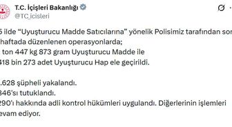 75 ilde uyuşturucu operasyonu: 1628 gözaltı, 846 tutuklama