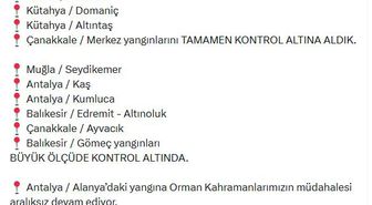 Yalova, Kütahya ve Çanakkale yangınları tamamen kontrol altına alındı