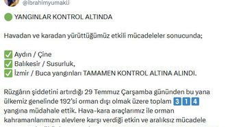 Bakan Yumaklı: Buca, Çine ve Susurluk'taki orman yangınları kontrol altında