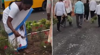 Havalimanı açılışına damga vuran görüntü! Çiçekleri söküp eve götürdüler
