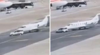 Havalimanında korku dolu anlar: Otomobil pistteki özel uçağa çarptı!