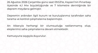 Kayseri Pınarbaşı'nda 4.1 Büyüklüğünde Deprem