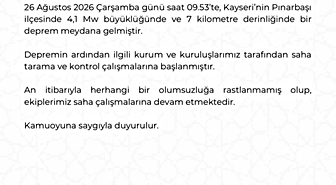 Kayseri'de 4.1 Büyüklüğünde Deprem: Olumsuzluk Yok