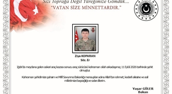 Bakan Güler’den Iğdır’daki kazada şehit olan asker için başsağlığı mesajı