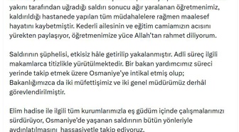 Bakan Tekin, Osmaniye'de saldırı sonucu ölen öğretmen için taziye mesajı yayımladı