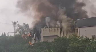 Mersin Tarsus'ta tütün işleme tesisinde çıkan yangına itfaiye müdahale ediyor