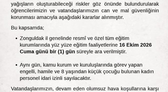 Zonguldak'ta 16 Ekim Cuma yüz yüze eğitime ara verildi, bazı personel izinli olacak