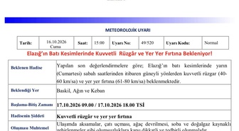 Meteoroloji, Elazığ'ın batı kesimlerinde Cumartesi kuvvetli rüzgar ve fırtına bekliyor