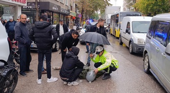 İnegöl'de yağmurda yerde yatan yaralıya kadın polis şemsiye tuttu! Ambulans gelene kadar başından ayrılmadı