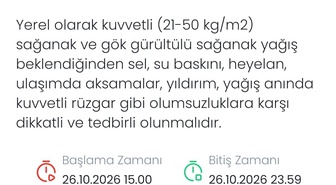 Meteoroloji Genel Müdürlüğü Denizli'de 26 Ekim'de kuvvetli sağanak konusunda uyardı