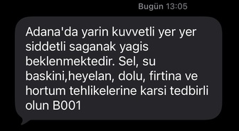 AFAD, Adana'da yarın beklenen şiddetli sağanak için SMS ile uyardı