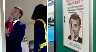 Eşinden tokat yiyen Macron rezil oldu! Afişte yazan slogan bomba