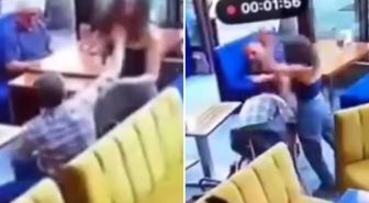 Kadın garson kendisine tokat atan müşteriyi tekme tokat dövdü