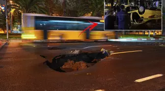 İstanbul'da sağanak nedeniyle yol çöktü, çukura giren taksi ters döndü