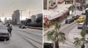 Mersin'de dolu yağışıyla sokaklar beyaza büründü