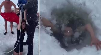 Kars'ta bir kadın Çıldır Gölü'nün buz gibi suyuna girdi