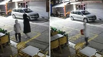 Yanındaki çocuğa dükkanın önündeki paspas ve kovayı çaldırdı; o anlar kamerada