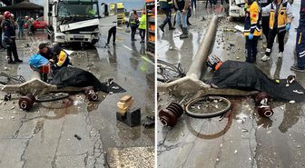 Kazada kamyonun devirdiği beton elektrik direğinin altında kalan bisikletli öldü