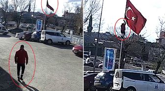 Rüzgarda dolanan bayrağı düzeltmek için 15 metrelik direğe tırmandı