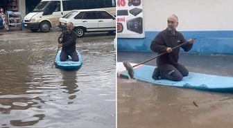 Adana'da esnaf sel suyunda sörf yaptı