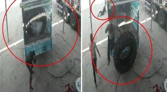 Hava basılan traktör lastiği patladı, 2 işçinin yaralandığı o anlar kamerada