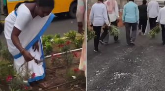 Havalimanı açılışına damga vuran görüntü! Çiçekleri söküp eve götürdüler