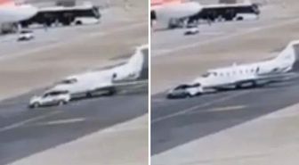 Havalimanında korku dolu anlar: Otomobil pistteki özel uçağa çarptı!