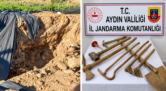 Aydın Nazilli'de çilek bahçesinde kaçak kazı yapan 6 şüpheli suçüstü yakalandı