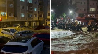 Sarıyer'de sağanak yağış sonrası dere taştı, mahsur kalanlar halatlarla kurtarıldı