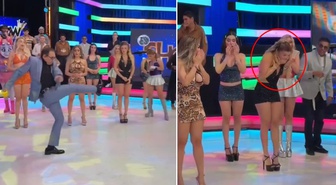 Canlı yayında akılalmaz kaza! Sunucunun tekmesi modeli hastanelik etti