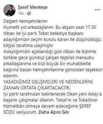 Seçim Kurulu, İYİ Parti Tokat Belediye Başkan Adayının adaylığını düşürdü
