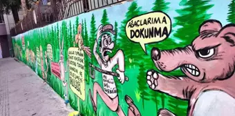 Bahçe duvarlarına çizilen karikatür ile ormanların önemi anlatıldı