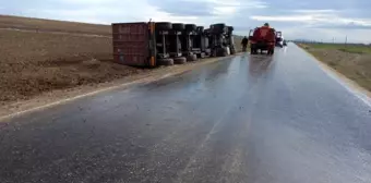 Seyitgazi'de yol kenarın devrilen tırın sürücüsü yaralandı