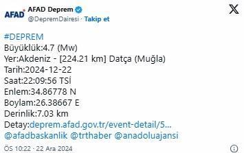 Datça açıklarında 4,7 büyüklüğünde deprem