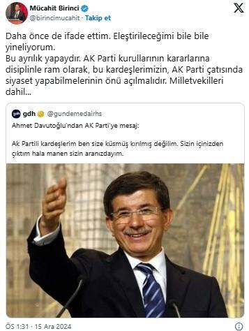 Mücahit Birinci'den Davutoğlu çağrısı: AK Parti'de siyaset yapabilmeli