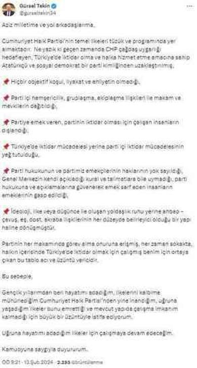 CHP'nin Esenyurt'tan başkan adayı göstereceği konuşulan Gürsel Tekin partisinden istifa etti