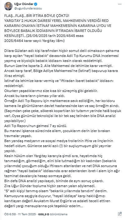 Uğur Dündar'ın babalık davasında Yargıtay son sözü söyledi