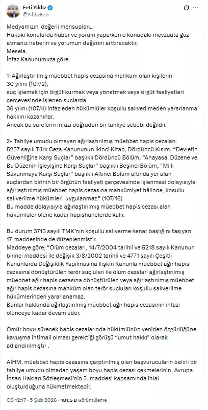 Abdullah Öcalan tahliye olacak mı? Abdullah Öcalan'a umut hakkı uygulanabilir mi? Feti Yıldız açıkladı!