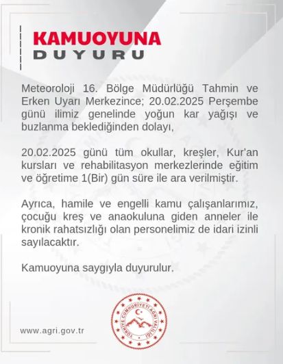 Ağrı okullar tatil mi SON DAKİKA? 20 Şubat Perşembe Ağrı okul yok mu (Ağrı Valiliği Açıklaması – KAR TATİLİ)?
