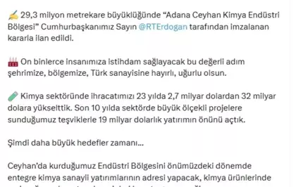 Adana Ceyhan Kimya Endüstri Bölgesi İlan Edildi