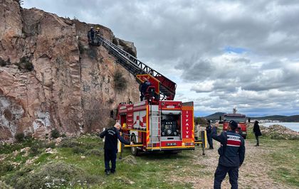Balıkesir'de kayalıklarda mahsur kalan keçiyi itfaiye kurtardı