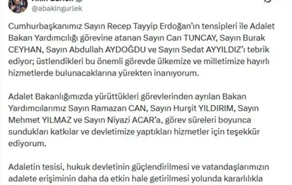 Adalet Bakanı Gürlek'ten Yeni Bakan Yardımcılarına Tebrik