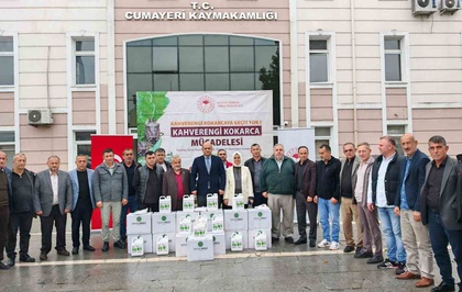 Düzce Cumayeri'de muhtarlara kahverengi kokarca için ilaç dağıtıldı