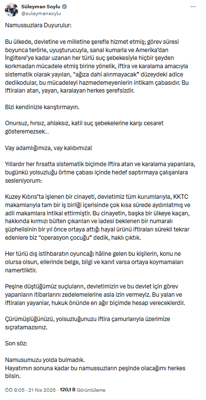 Süleyman Soylu'dan Kuzey Kıbrıs iddialarına sert tepki: Namussuzlara duyurulur